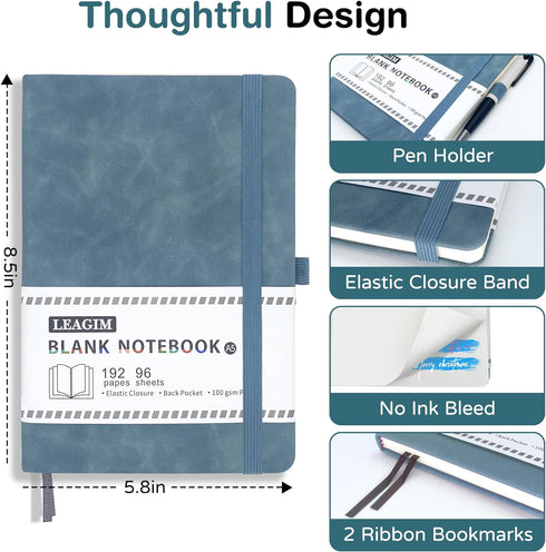 Blank Journal Notebook, A5, 192 Pages, 100 GSM Thick Sketch Book, Hardcover Leather Unlined for Writing, Green