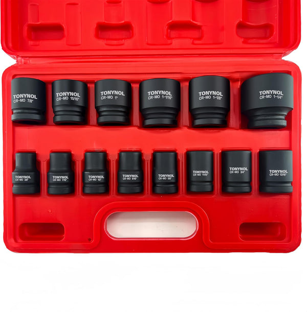 TONYNOL 1/2 Inch Shallow Drive Impact Socket Set,6-Point,SAE(3/8" to 1-1/4"),14 Pcs,Cr-Mo Steel,With a