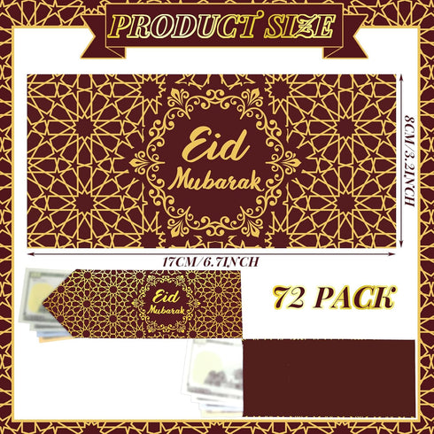 Sinmoe 72 Pcs Eid Mubarak Money Envelopes, 6.7 x 3.2 inch Gold Foil Cash Gift Card Set for Eid Holiday