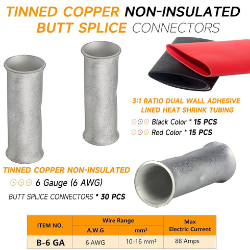 6 Gauge Butt Splice Connectors 30 PCS 6 AWG Non-Insulated Butt Connectors Uninsulated Crimp Wire Butt Connectors Tinned Copper Marine Grade Crimp Butt Terminals with 30 PCS 3:1 Heat Shrink Tube