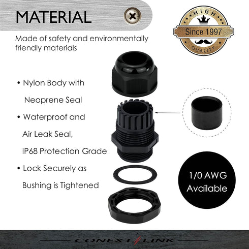 Conextlink 5pcs Waterproof IP68 Nylon Firewall Bushing Grommet Cable Gland Joint for Power Cable (1/0 Gauge, Black)