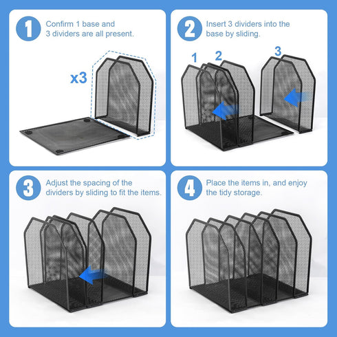 RETON 2 Pack 5-Section Mesh File Sorter Organizer for Desktop, Black Metal Vertical Desk File Organizer, Adjustable