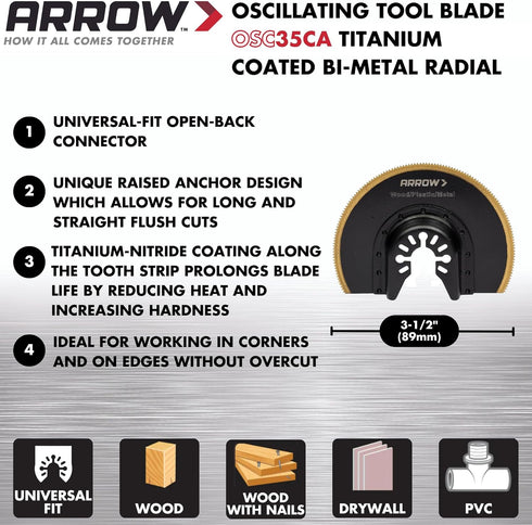Arrow OSC35CA Titanium Coated Bi-Metal Oscillating Tool Radial Saw Blade for Woodworking, Drywall, PVC, and Metal, 3-1/2 Inch
