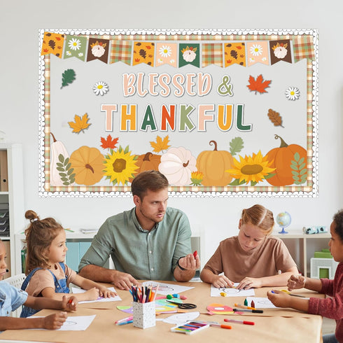 Fall Bulletin Board Decorations, Thanksgiving Pumpkin Classroom Decor, Autumn Leaves Blessed Thankful Paper Cutouts