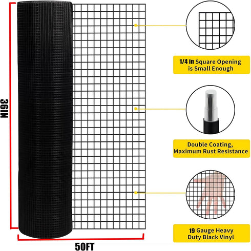 36" 50' 1/4inch 19 (3650-19Gauge) x Hardware Cloth Gauge, Black Galvanized Welded Wire Mesh Roll for Chicken Coop