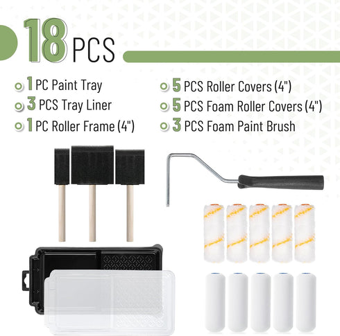 4 Inch Set, 18 1x 3X 1x 5X 5X 3X (1", 2", 3") Bates- Paint Roller pcs, Plastic Paint Tray, Disposable Tray Liners