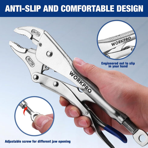 5-Piece Set, 5"/7"/10" 6.5"/9.5" WORKPRO Locking Pliers Curved Jaw & Long Nose, CR-MO Steel Construction