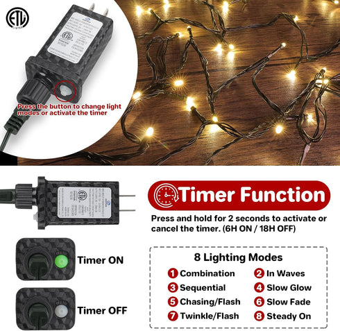 100LED 33FT, 8 FairyGlim Christmas Lights Outdoor Green Wire Connectable Christmas String Lights | Modes Twinkle Fairy