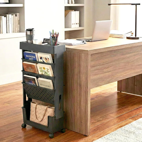 5-Tier BYFU Movable Bookshelf Cart, Rolling File Paper Storage Organizer Mobile Bookcase with Wheels for Home Office