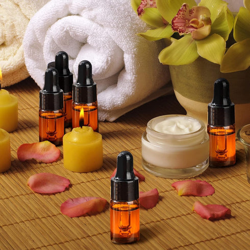 100 Pcs Amber Glass Mini Dropper Bottles - Essential Oil Dropping Bottles with Dropper and Black Caps for Traveling