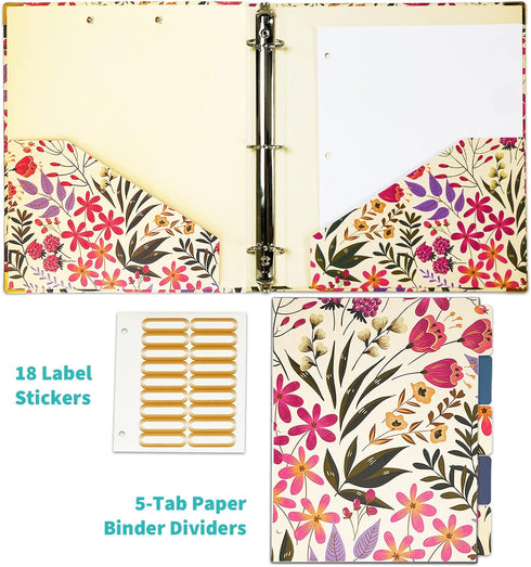 Binditek 3 Ring Binder, 1 Inch Round Ring with 5-Tab Dividers, 2 Interior Pockets, Floral Design, 175 Sheet Capacity
