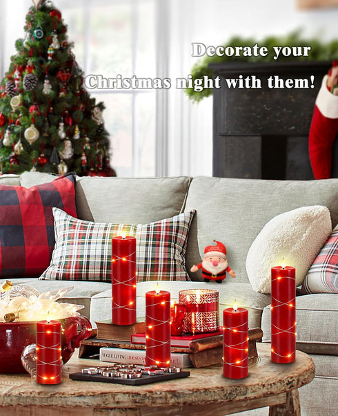 Wax,5 Pack Da by Red Flameless Candles with String Lights, Battery Operated Candles with Remote Control