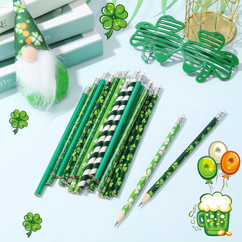 St. Patrick's Day Pencils Shamrock Pencils Clover Novelty Stripe Pencils with Eraser Assorted Kids Pencils Lucky Wood Pencils for 100th Day of School Party Favor Office Supply, 5 Styles (50 Pieces) by Spakon