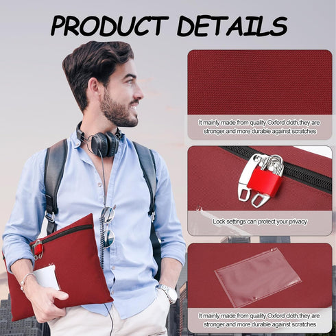 Money Bag with Lock and 2 Keys, 11.4*8.3inch Canvas Documents Bag for Cash, Business Personal, Red