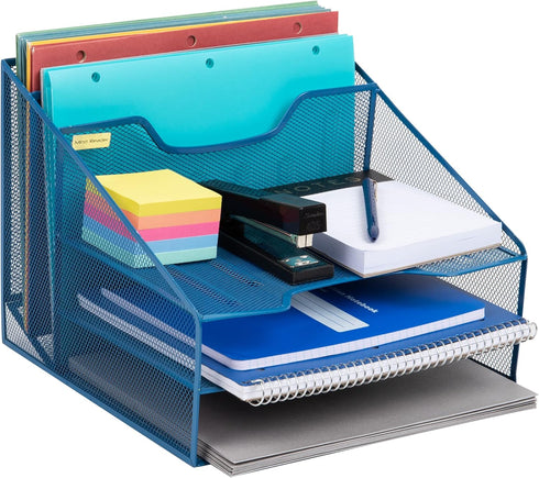 Mind Reader Desktop Organizer, Vertical File Holder, Paper Trays, Metal Mesh, Turquoise
