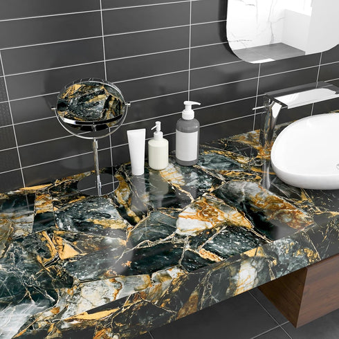 17.7''x100'' Slate Gold Glossy Marble Contact Paper for Countertops, Waterproof Peel and Stick Vinyl Wallpaper