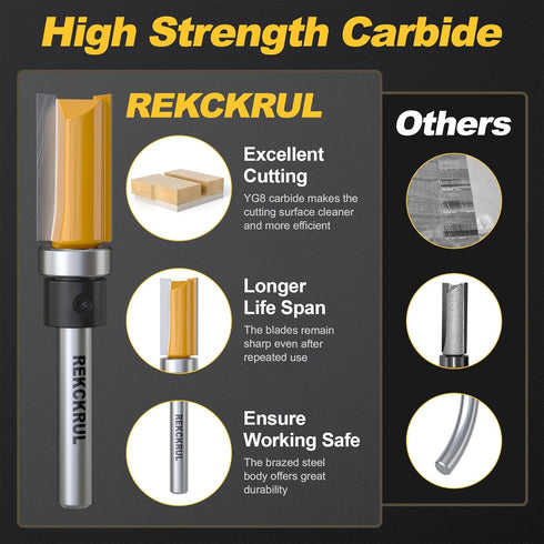 Set, 1/4 Inch Trimming, 1/2" Pattern Flush Trim Router Bits Shank Top Bearing, Carbide Tipped Woodworking Router Bits