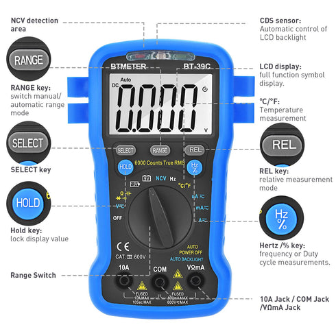 BTMETER BT-39C True RMS Multimeter, Auto Range Digital Avometer 6000 Counts Accurate Measures
