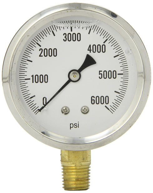 PIC Gauges S201L-254S Pressure Gauge, Bottom Mount, 2.5" Dial, 0-6000 psi Range, 1/4" Male NPT, Glycerin Filled