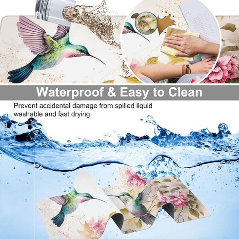 Desk Mat, Pink Flowers and Colibri Birds, XXL Extended Large Gaming Mouse Pad, Non-Slip Rubber Base, 35.4"X15.7"