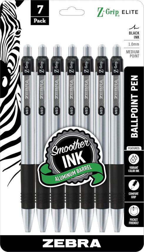 Zebra Pen Z-Grip Elite Retractable Ballpoint Pen, Metal Barrel, Medium Point, 1.0mm, Black Ink, 7-Pack