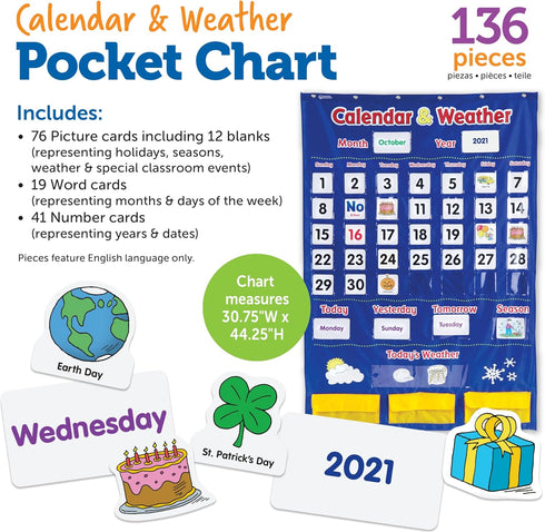 Learning Resources Calendar & Weather Pocket Chart - Classroom Calendar and Weather Chart for Teacher Supplies