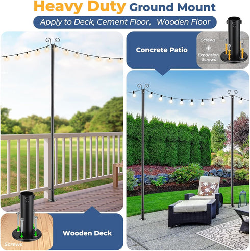 10 (1 Pack) FT String Light Poles Heavy Duty - Outdoor Patio Deck Light Poles for Outside with Anchor Base and Mounting