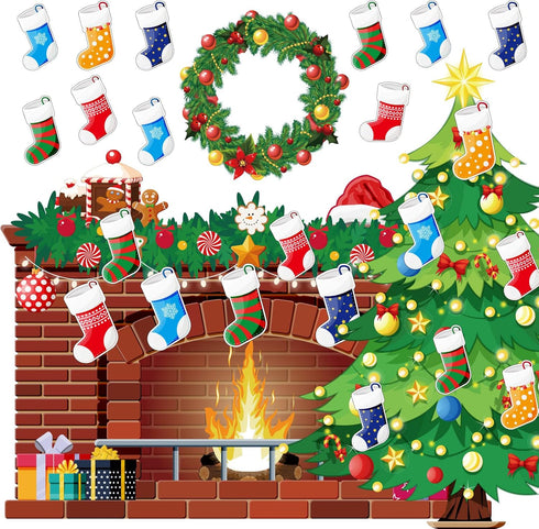 Christmas Bulletin Board Set, Tree Fireplace Decorations, XMAS Holiday Cutouts for Classroom Bulletin Boards