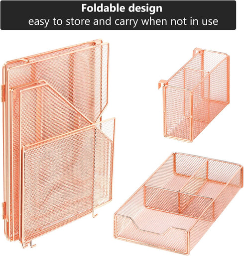 Rose Gold Desk Accessories Caddy with Sliding Drawer, Double Tray, File Organizer & Pen Holder for Office