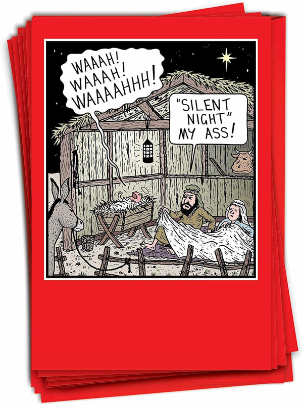 NobleWorks 12 Boxed Adult Christmas Cards with Envelopes, Hilarious Holiday Greetings, Silent Night