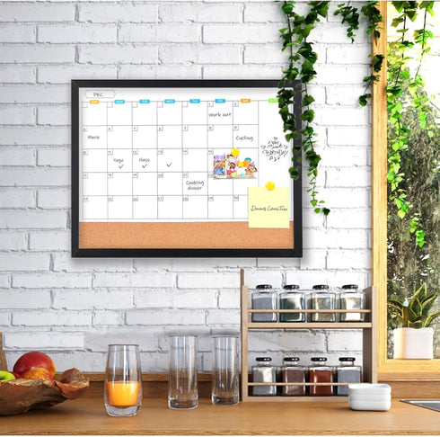 Monthly Whiteboard Calendar with Cork Board for Wall, 17"x13", Magnetic Dry Erase Board with Black Wood Frame