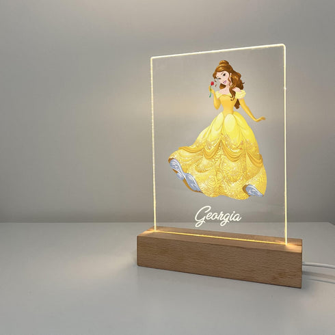 Mirror Mania Store Belle Premium Wood Base Stand Soft Night Light Up Table Desk Lamp LED Princess Sign Personalized