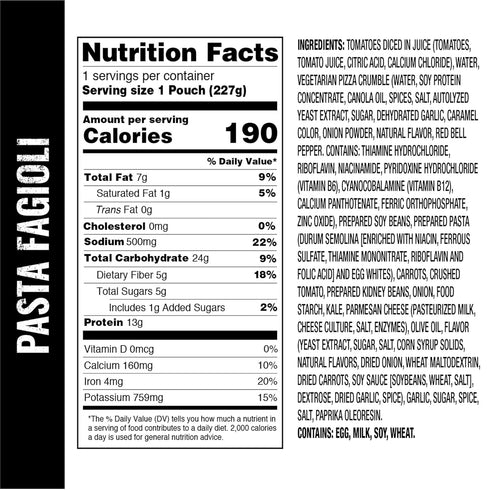 OMEALS Pasta Fagioli-Vegetarian-MRE-Extended Shelf Life-Fully Cooked w/Heater-Perfect for Outdoor Enthusiasts