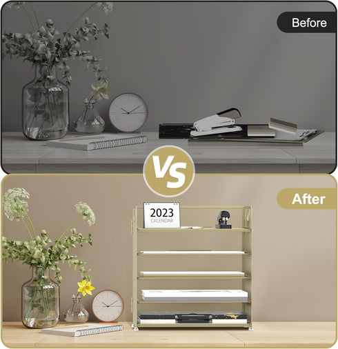 Supeasy 5 Trays Paper Organizer, Mesh Desk File Organizer with Handle for Office, Home, or School (Gold Yellow)