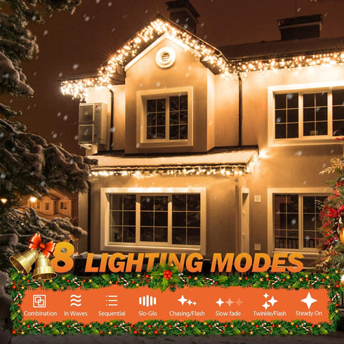 480 39FT 96 8 USOKYO Icicle Christmas Lights Outdoor, LED Icicle String Lights with Drops Modes and Timer, Twinkle
