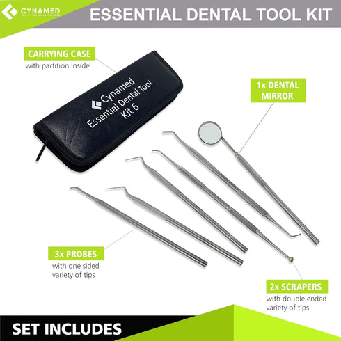 Cynamed Essential Dental Tool Kit Premium Stainless Steel Pick Oral Care Kit Hygiene Tooth Scraper Tartar Dental Scaler Tweezers Mouth Mirror for Personal & Pet Oral Care Use