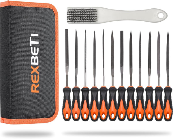 REXBETI 13Pcs Metal Needle File Set, Small Diamond Files, Premium Grade T12 Drop Forged Alloy Steel with Carry Case
