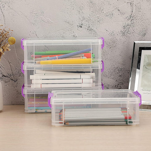 BTSKY 4 Pack Extra Large Capacity Storage Box for Pencils, Stackable Translucent Clear Desk Organizer for Office