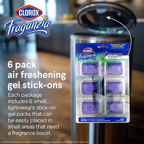 30 Closet, 0.12 Oz, 6 Count Clorox Fraganzia Stick-On Gel Fresheners, Lavender with Eucalyptus Trash Can Deodorizer Up