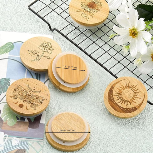 6 Packs Set Tessco for you Yogurt Jar Lids Bamboo Wood for Jars Reusable Lid with Silicone Sealing Rings and Different