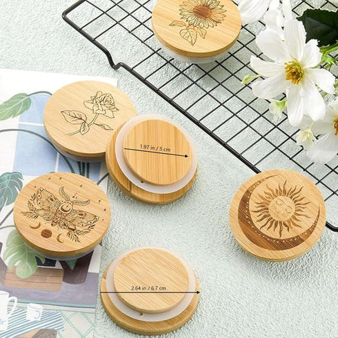 6 Packs Set Tessco for you Yogurt Jar Lids Bamboo Wood for Jars Reusable Lid with Silicone Sealing Rings and Different