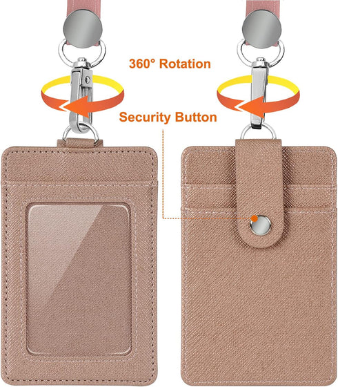 Leather ID Badge Holder Wallet Case with Neck Lanyard/Strap, 3 Card Slots & Retractable Badge Reel (Rose Gold)