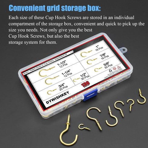 DYWISHKEY Cup Screw Hooks Kit - 136PCS in 7 Sizes, Brass Plated Screw-in Hooks for Home & Office