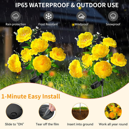 4PK 7-Stem 2 Neporal Solar Flowers Outdoor Waterproof, Yellow Camellia with Lighting Modes & Romantic Warm Light, Solar