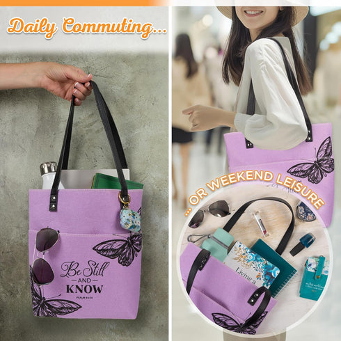 Christian Art Gifts Felt and Faux Leather Fashion Bible Cover Tote Bag with Inspirational Scripture