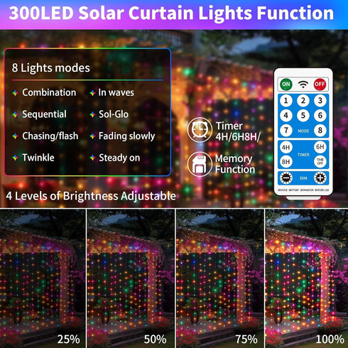 10 10Ft 300LED 8 Dimmable Solar Curtain Lights Outdoor x Waterproof Waterfall Light with Modes Remote USB Rechargeable