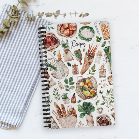 Boho Farmer's Market Notebook, 5.5" x 8.5" Spiral Watercolor Cookbook, 120 Recipe Pages, Durable Twin Loop Cover