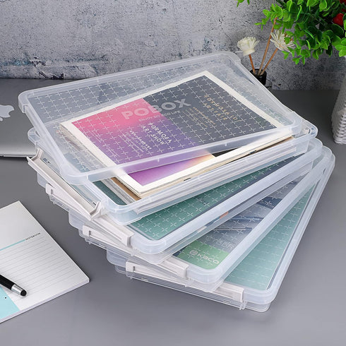 BTSKY 4 Pack A4 Plus Clear Plastic Stackable Storage Box, Desk Paper Magazine Container with Buckle for Organizing