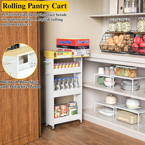4-Tier OKZEST Utility Slim Storage Cart, Narrow Laundry Room Bathroom Organizers and Storage Cart, Metal Pantry Kitchen