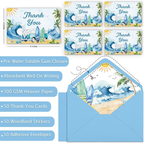 Yuzioey 50 Pack 4x6 Summer Surfing Thank You Cards, Wave Beach Thank You Notes with Matching Envelopes & Stickers